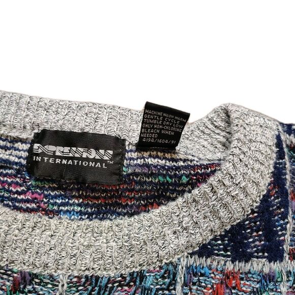 Mens 80s Geometric Patchwork Knit Sweater L Abstract Retro Pattern Grandpa - Picture 4 of 9